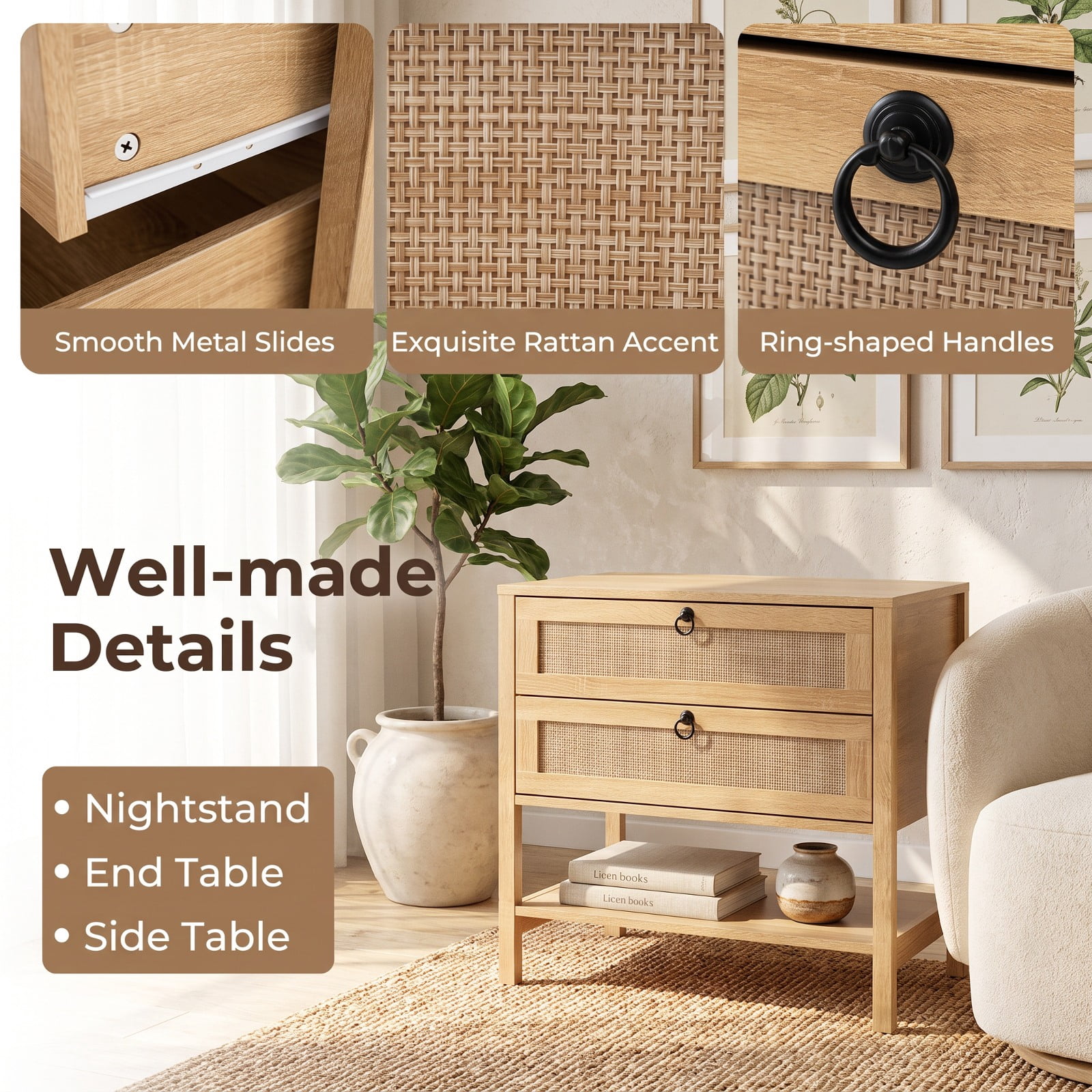 Furnibear Boho Rattan Nightstand with 2 Drawers and Bottom Open Shelf for Bedroom Living Room Bedside Sofa Side Small Space, Natural