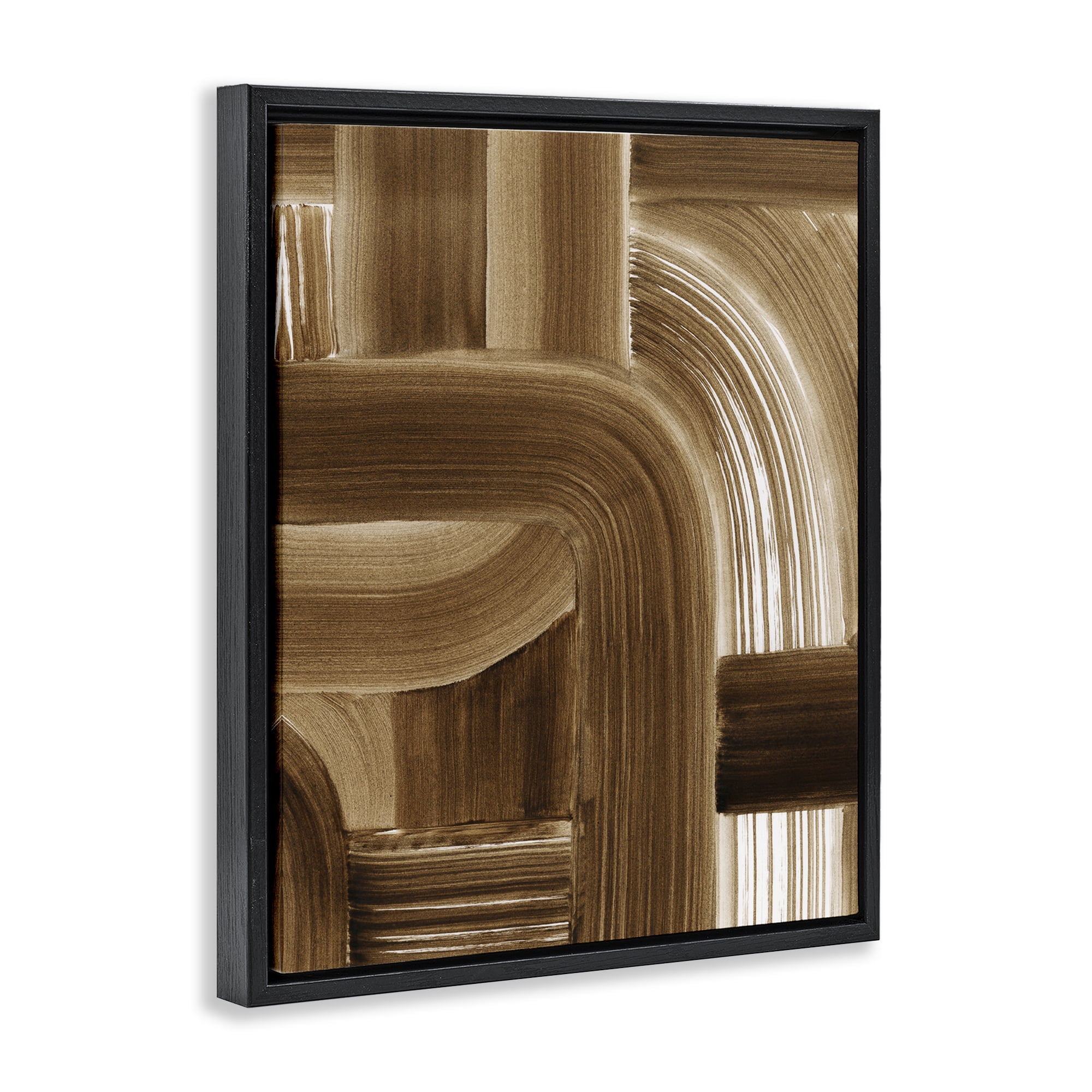 Stupell Industries Brown Curved Paint Strokes Abstract Painting Black Floater Framed Canvas Art Print Wall Art, 17 x 21