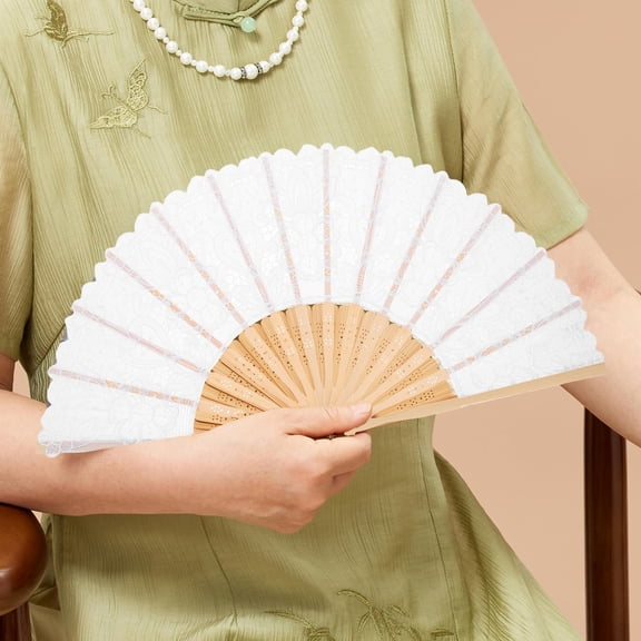 WHAMVOX Elegant Lace Floral Handheld Fan with Tassel Detail for Decor White Wood and Fabric 7 inches
