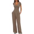 thumbnail image 2 of Womens V Neck Short Sleeve Top Wide Leg Pants Casual Comfortable Outfit Set Two Piece Khaki Color [Short Sleeve] XS, 2 of 5