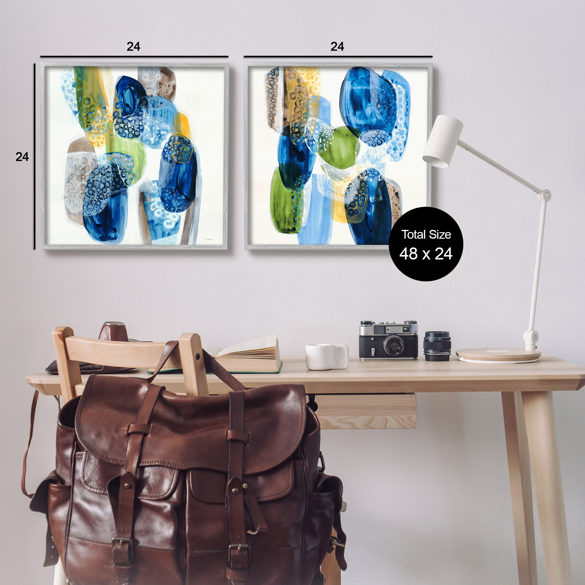 Stupell Industries Abstract Blue Pebbles Abstract Painting Gray Framed Art Print Wall Art, 24 x 24, Set of 2