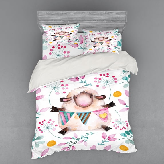 Ambesonne Floral Bedding Set 4 Pcs, Watercolor Cartoon Sheep, Queen, Multicolor