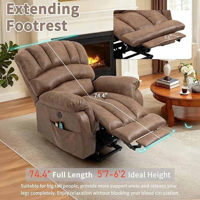 EPICOZY Large Power Lift Recliner Chair with Extended Footrest for Elderly Big Tall Man, Overstuffed Heated Massage Wide Electric Recliners with 2 Remote Controls, Side Packets & USB Ports, Brown
