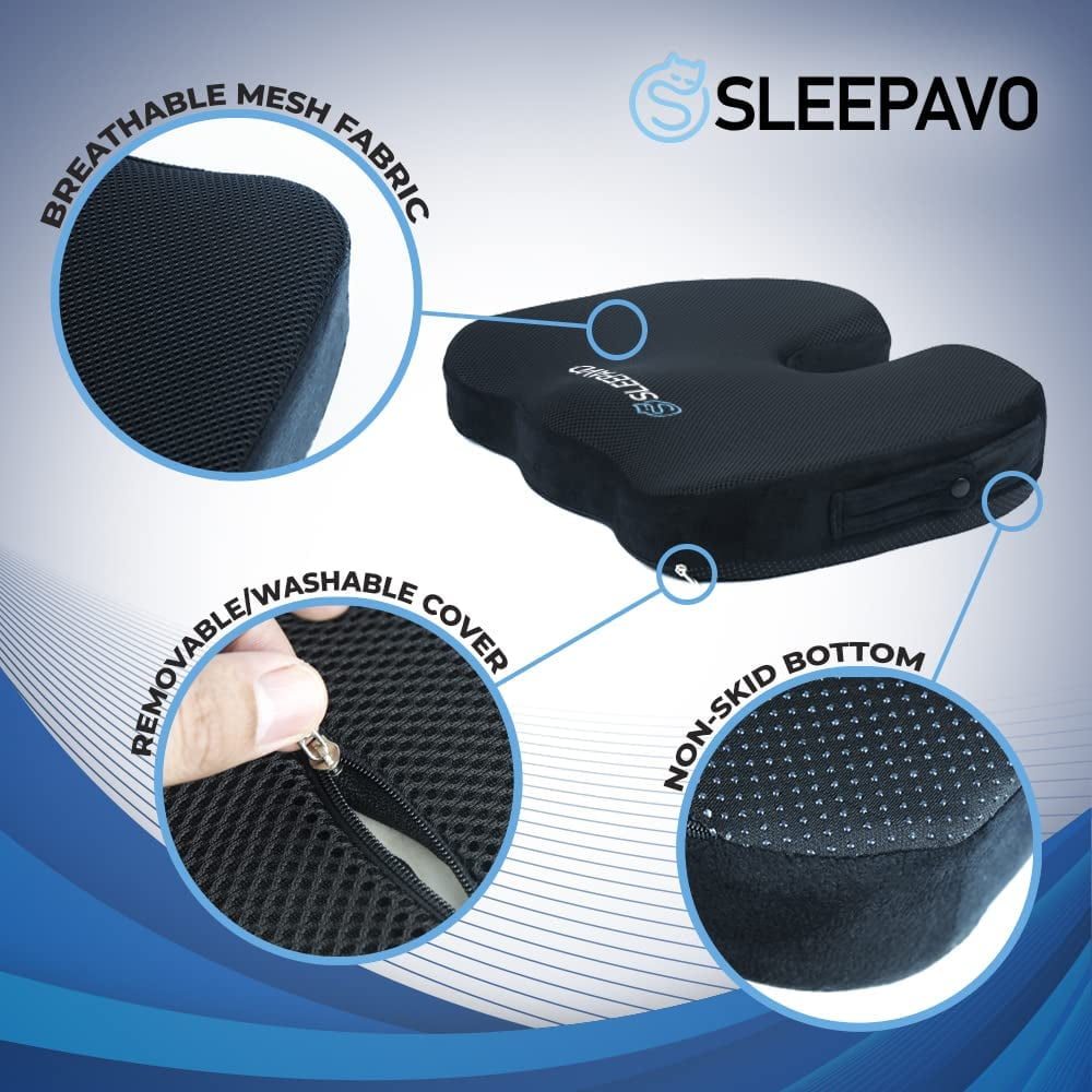 Sleepavo Office Chair Cushion - Seat Cushion for Tailbone Pain Relief - Butt Pillow for Coccyx, Sciatica, and Lower Back Pain - Orthopedic Chair Pad for Lumbar Support in Office Desk, Car, Airplane