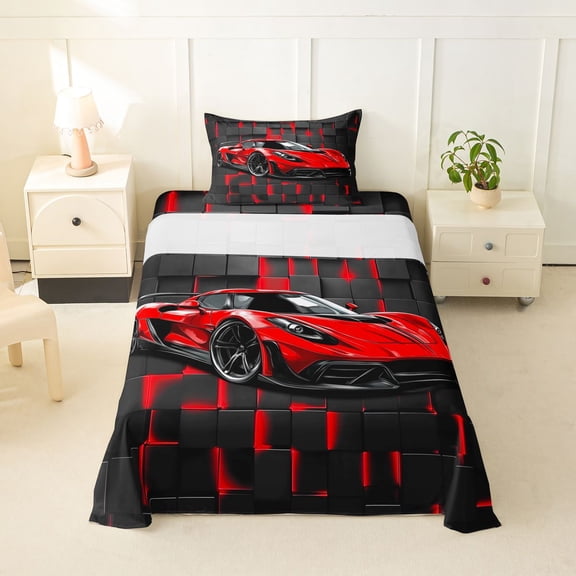 Castle Fairy Neon Red Sports Car Twin Sheet Sets 3pcs for Teens, Grid Print Bedding for Bedroom, Red Black