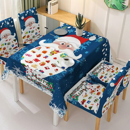 

Christmas Santa Pattern Stretch Tablecloth Dining Room Waterproof Decorative Mat Blue Polyester