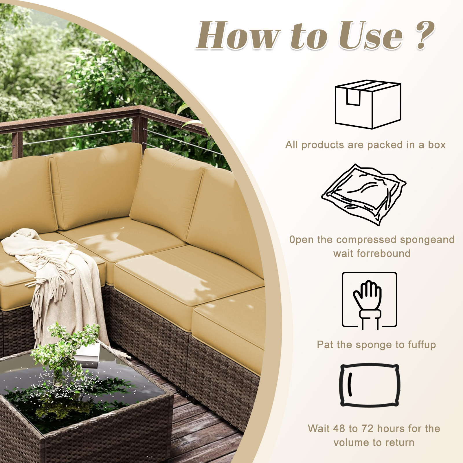 HONEY HOME 14 Piece Patio Sectional Cushions Relacement, 4" Outdoor Furniture Couch Cushion Fits 6-Seat Rattan Conversation Set, Waterproof, Fade-Resist