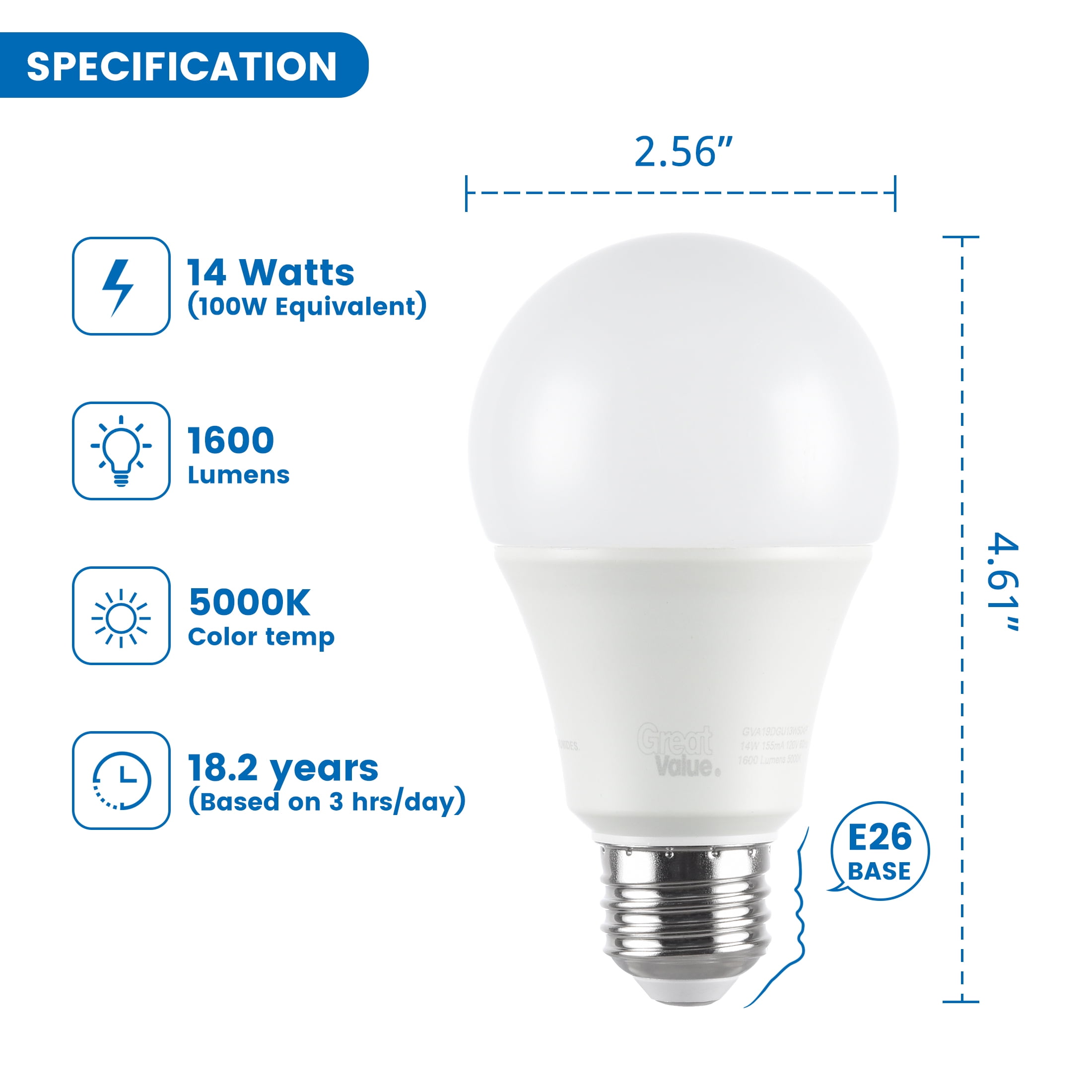 Great Value A19 LED 14W (100W Equivalent) Daylight General Purpose Medium Base Light Bulbs, Dimmable, 4 Pack