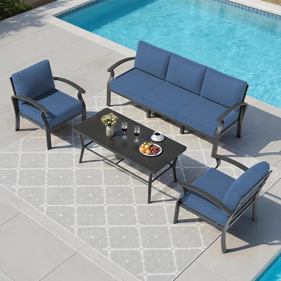 ASJMR Aluminum Patio Furniture Set 5-Seat Modern Metal Outdoor Conversation Sets w/5.1 Inch Cushion Patio Sectional Sofa with Rectangular Coffee Table, Navy Blue