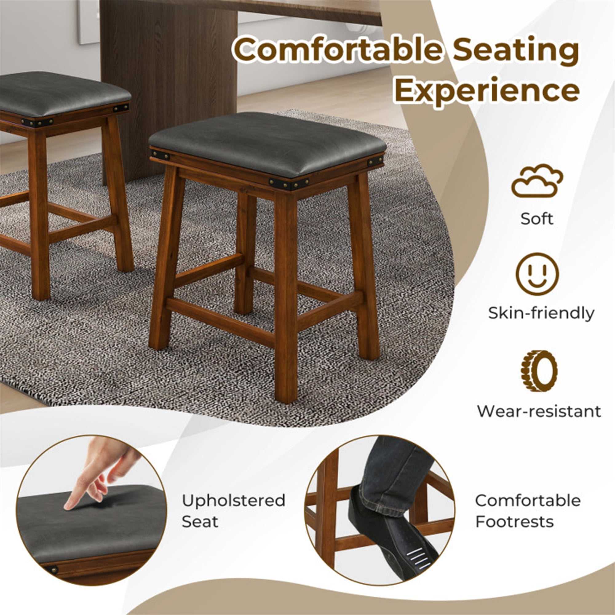 Demi Bonn 24" Set of 2 Rubber Wood Bar Stool, Modern Kitchen Dining Chair, Brown