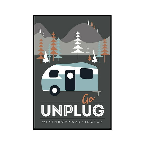 Winthrop, Washington - Go Unplug - Retro Camper - Lantern Press Artwork (12x18 Framed Gallery Wrapped Stretched Canvas)