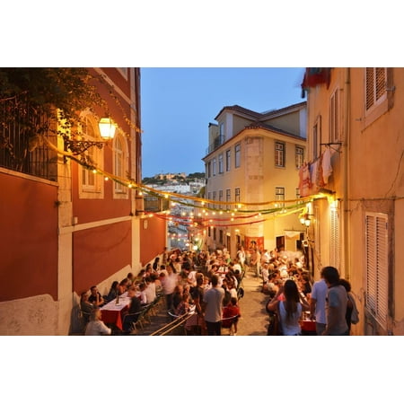 A Restaurant in the Calcada Do Duque, with a View to Sao Jorge Castle at Twilight. Lisbon, Portugal Print Wall Art By Mauricio