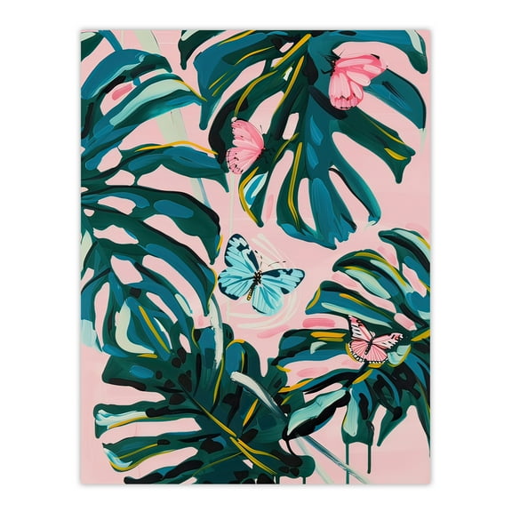 Pastel Butterflies Monstera Plant Painting Pink Living Room Large Wall Art Poster Print Thick Paper 18X24 Inch