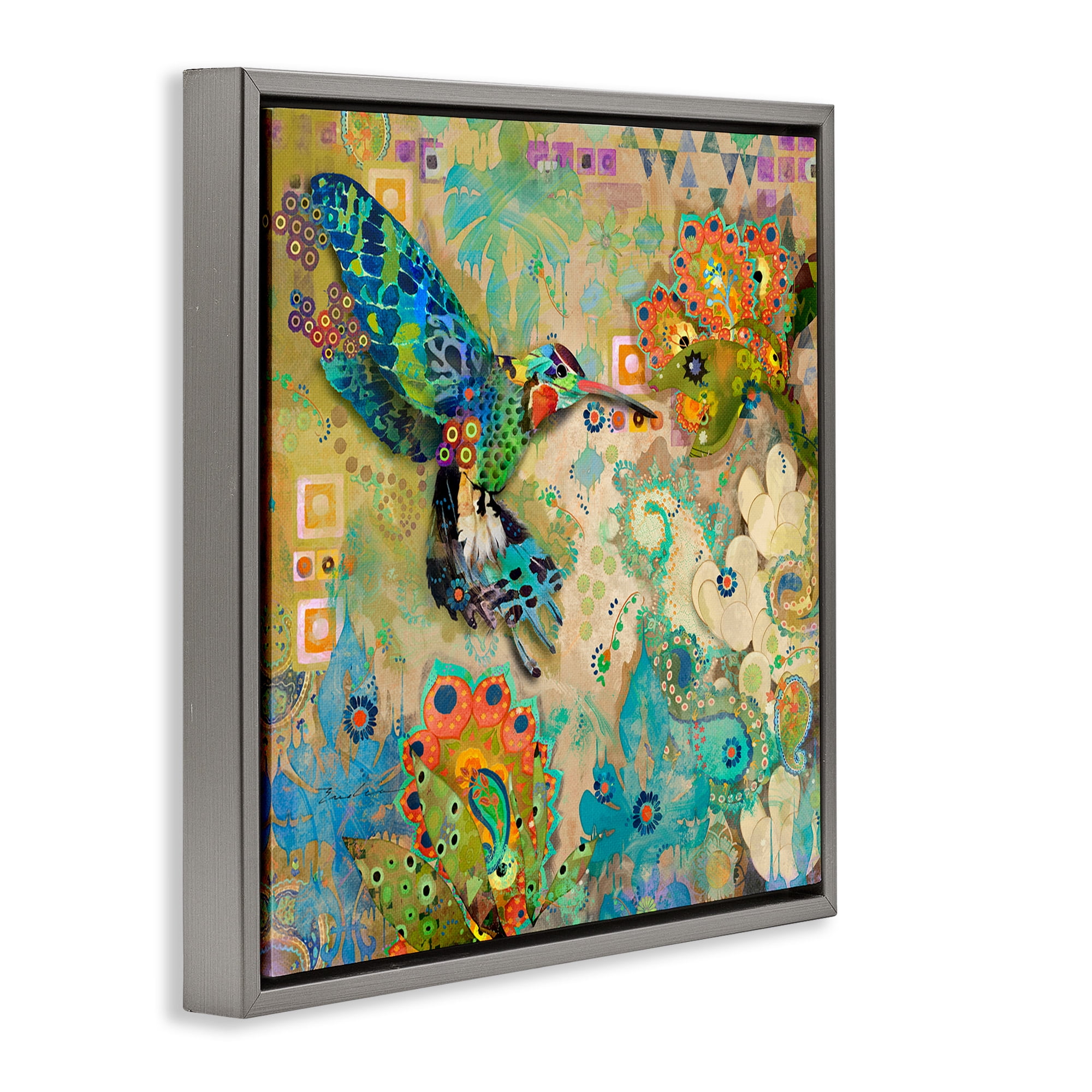 Stupell Industries Boho Hummingbird Pattern Animals & Insects Painting Gray Floater Framed Canvas Art Print Wall Art, 25 x 25