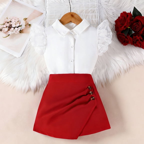 ATOGUTA Short Skirt Sets Girl 2 Piece Outfits Ruffle Sleeve T-Shirts and Shorts Girls Clothing Sets 2PC Summer Outfits Size 1T-8, Red
