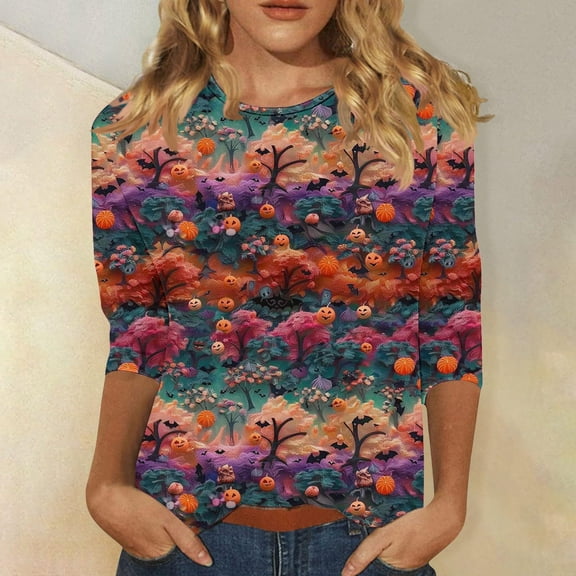 VKOYWKM Halloween Shirt for Women 3/4 Sleeve Funny Pumpkin Ghost Graphic T Shirt Crew Neck Loose Party Tops Halloween Spooky Print Tees