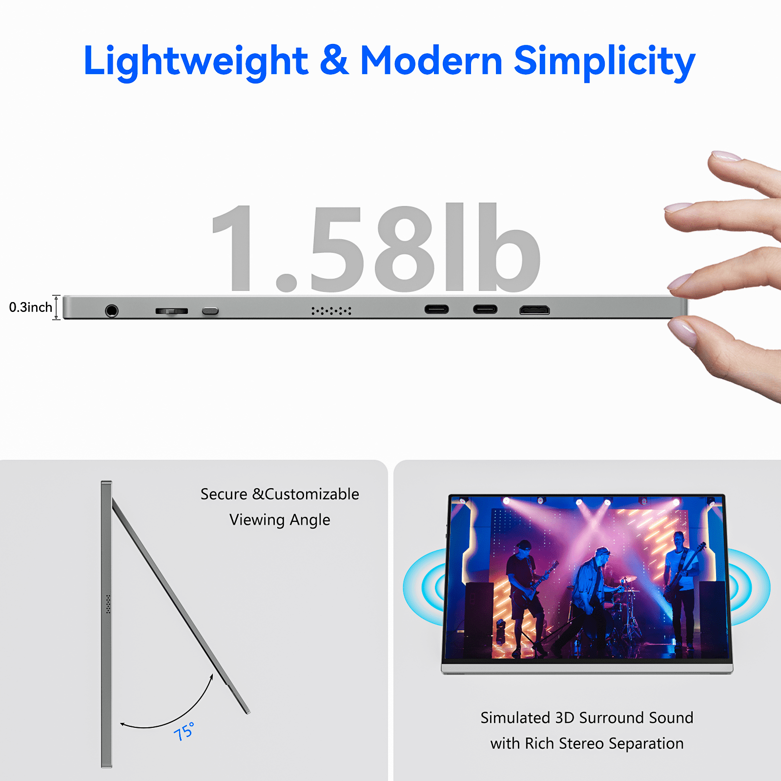 16 Inch Portable Monitor for Laptop, 1920x1200P Ultra-Slim FHD IPS 16:10 External Display, 100% sRGB Aluminum Stand, USB-C/Mini HDMI, Use for PC, Phone, Office (Sliver)