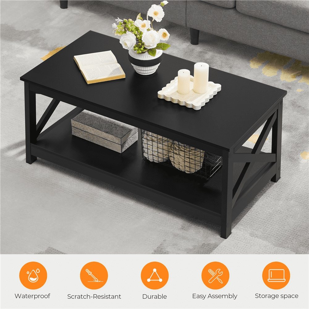 Topeakmart X-Design Coffee Table Living Room Furniture Table with Storage Shelf, Black