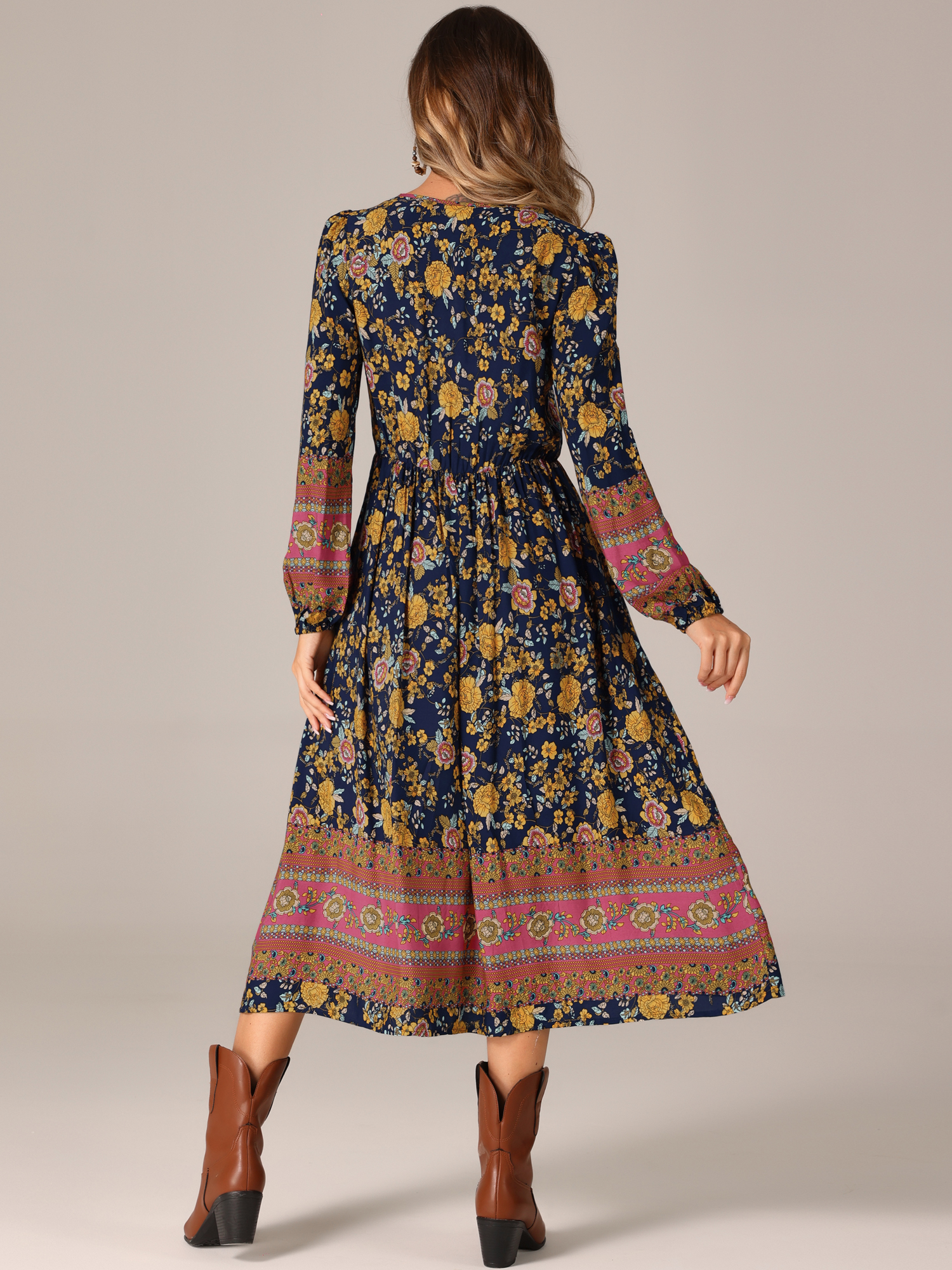 DARING DIVA Floral Elastic Waist Split A-Line Midi Dress M Blue