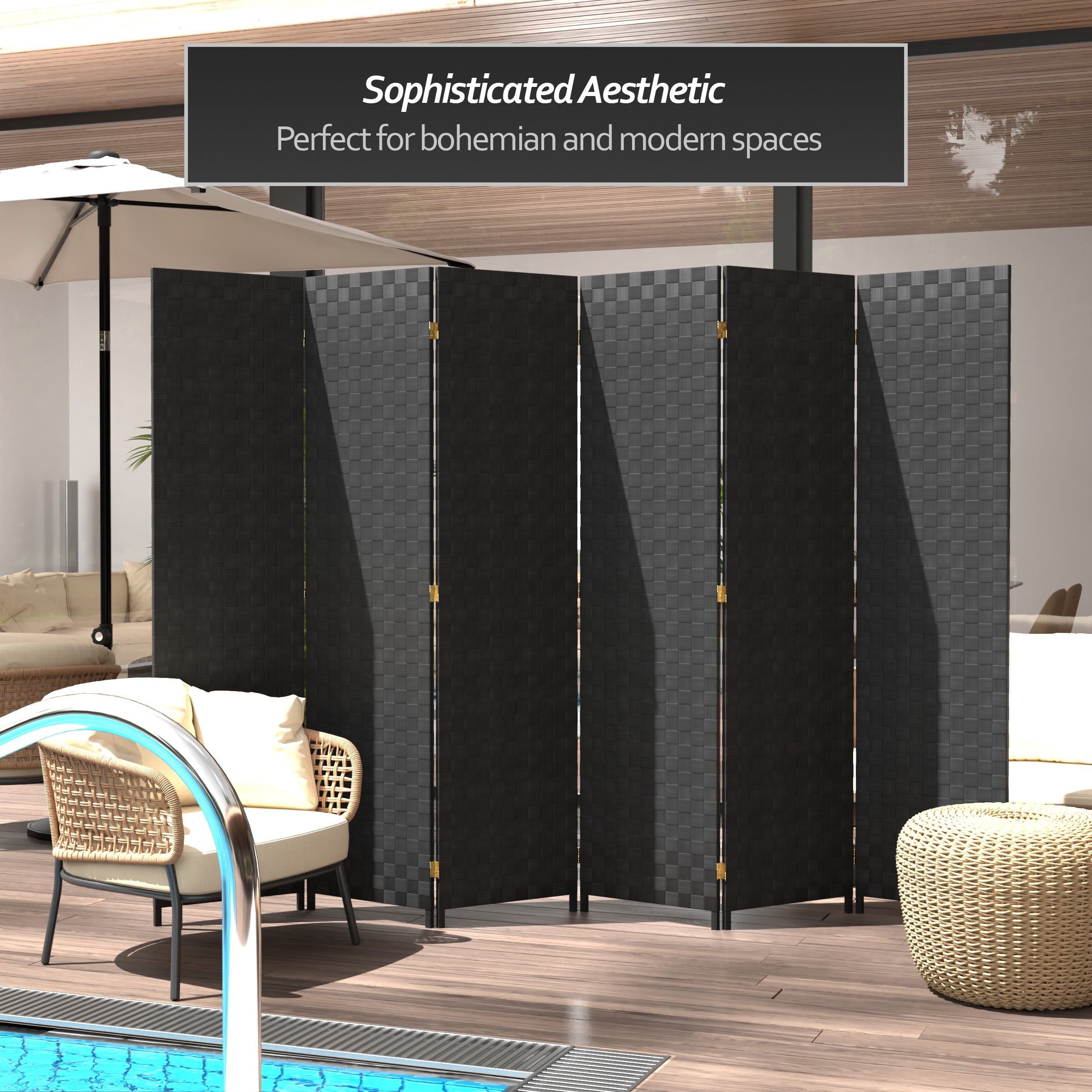 Red Lantern 6 ft. Tall Woven Fiber Outdoor All Weather Room Divider - 6 Panel - Black