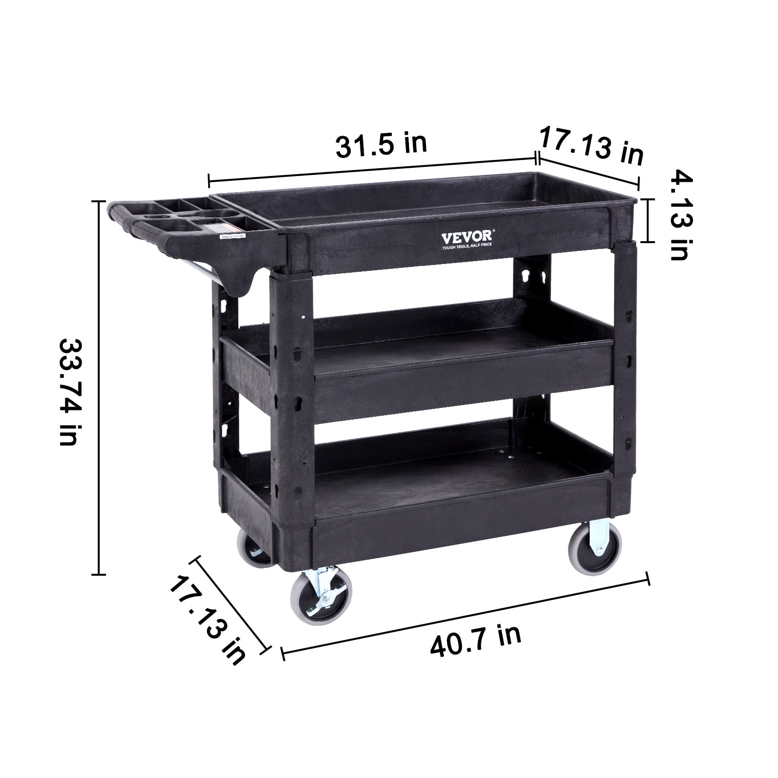 VEVOR Plastic Service Utility Cart, Support up to 550lbs Capacity, Heavy Duty Tub Storage Cart W/Deep Shelves, Multipurpose Rolling 3-Tier Mobile Storage Organizer, for Warehouse Garage