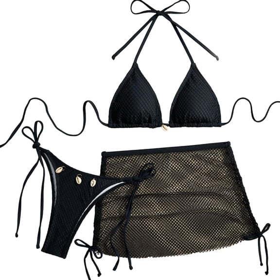 Purcolt Women's 3 Piece Bikini Swimsuit Set, Fishnet Halter Triangle String Bikini Set Bathing Suit with Cover Up Beach Skirt Ladies Swimwear