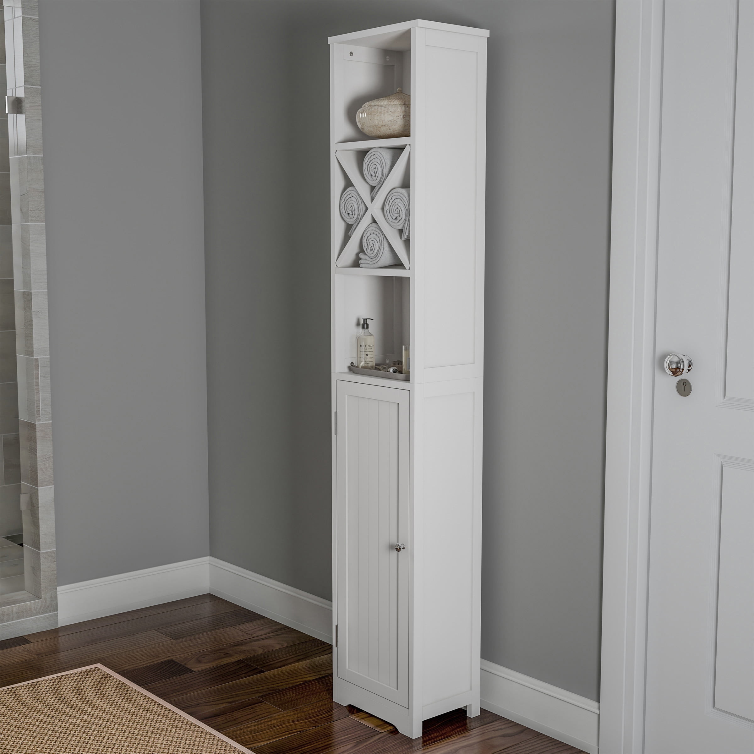 Spirich Home Bathroom Freestanding Storage Cabinet with Two Tier Open Shelves Tall Slim Cabinet with Door and Drawer White Free Standing Linen Tower