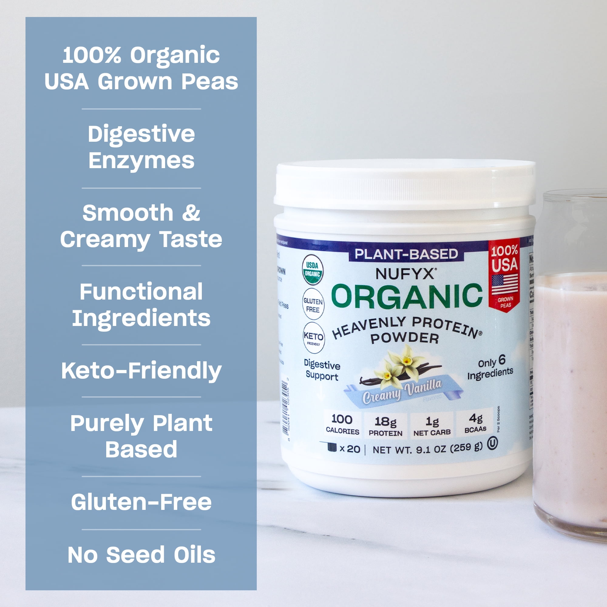 NUFYX Family Owned Organic Plant-Based Protein, Creamy Vanilla, 18g Protein per 100 Calories, USA Grown Peas