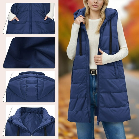 LEBONYARD Women's Fashion Solid Colored Stand Up Collar Drawstring Hooded Long Length Zipper Puffer Coat Casual Sleeveless Loose Fit Warm Padded Coat