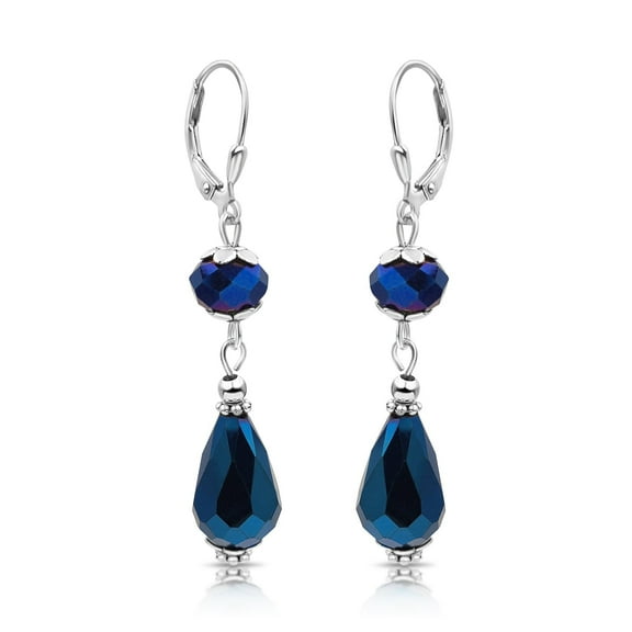 Besheek Luster Blue Crystal Glass Teardrop Boho Style Leverback Earrings