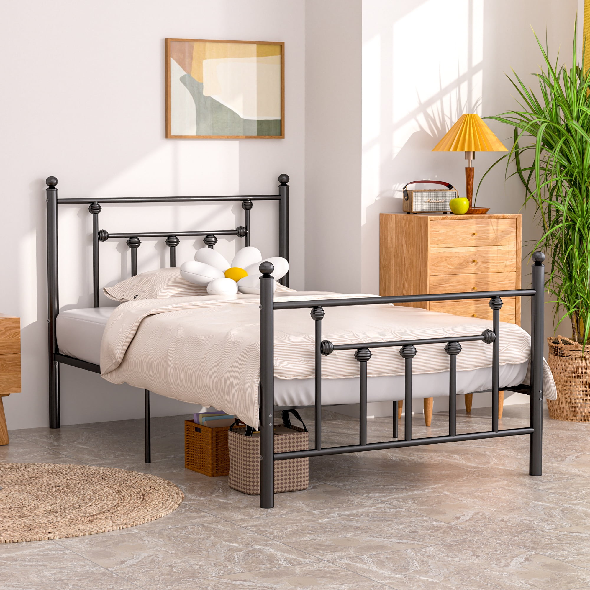 VECELO Twin Size Metal Bed Frame with Headboard & Footboard, Heavy Duty Platform Bed Frame with Steel Slats Support and Mattress Stoppers, No Box Spring Needed, Easy Assembly, Noise-Free, Black