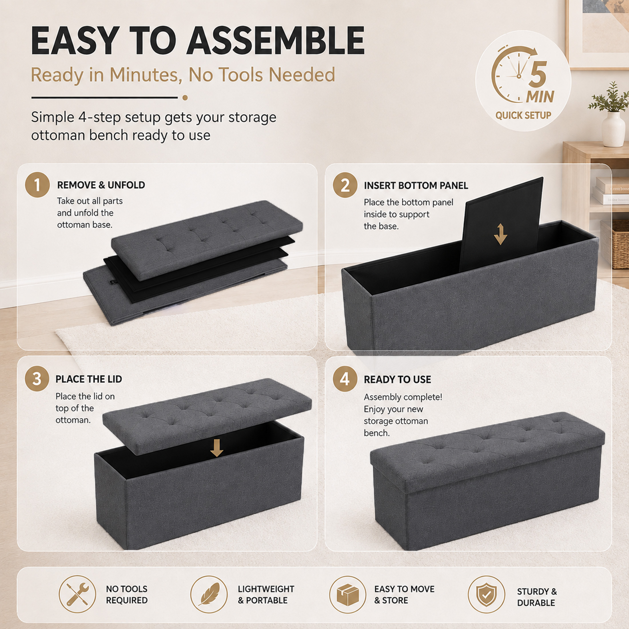 Nnovaroom 43-Inch Folding Storage Ottoman Bench, Gray photo 7