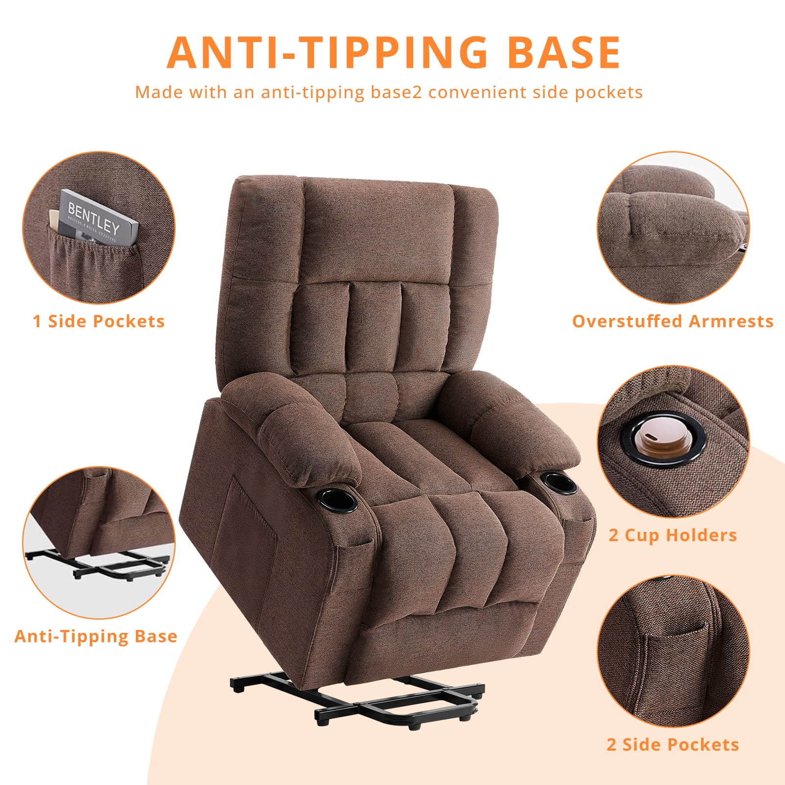 Oversized Recliners, 21.6"W Single Recliner Chair with Storage Bag, Modern Chair for Living Room, Bedroom, Beige
