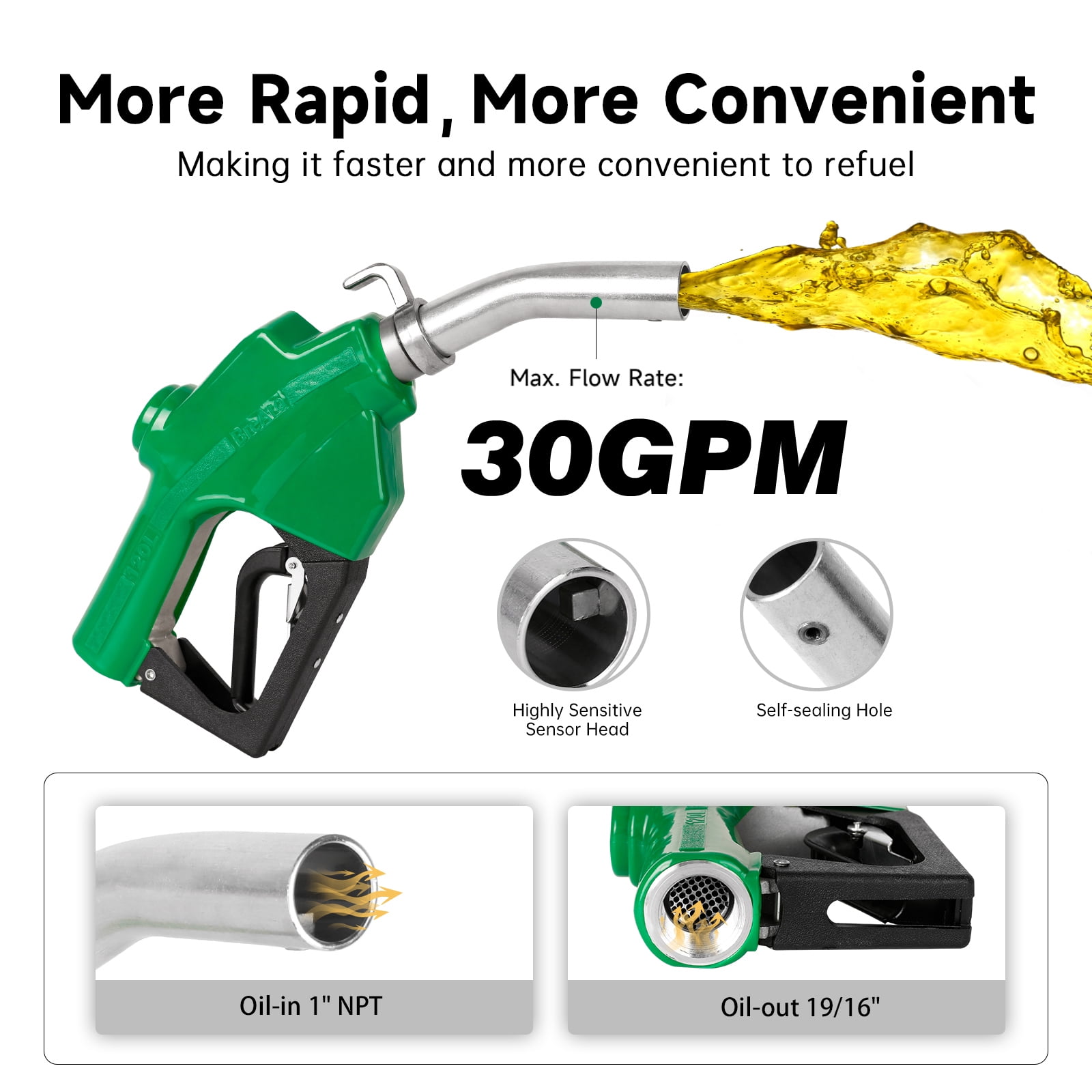 1" NPT Automatic Fuel Nozzle with Hook, Gas Nozzle Diesel Pump Handle Max Flow Rate 30GPM, 3-speed Padlock, Auto Shut Off, 19/16" (OD=30mm) Spout for Gasoline, Diesel, Kerosene Biodiesel, Green
