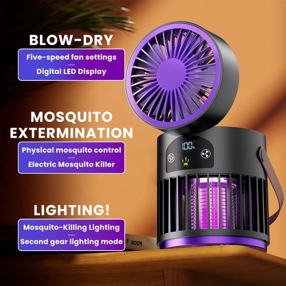 Portable Mini USB Rechargeable Fan with 5 Wind Speeds, Mosquito Killing & LED Lighting Function, Personal Cooling Fan for Camping Home Indoor Outdoor Use