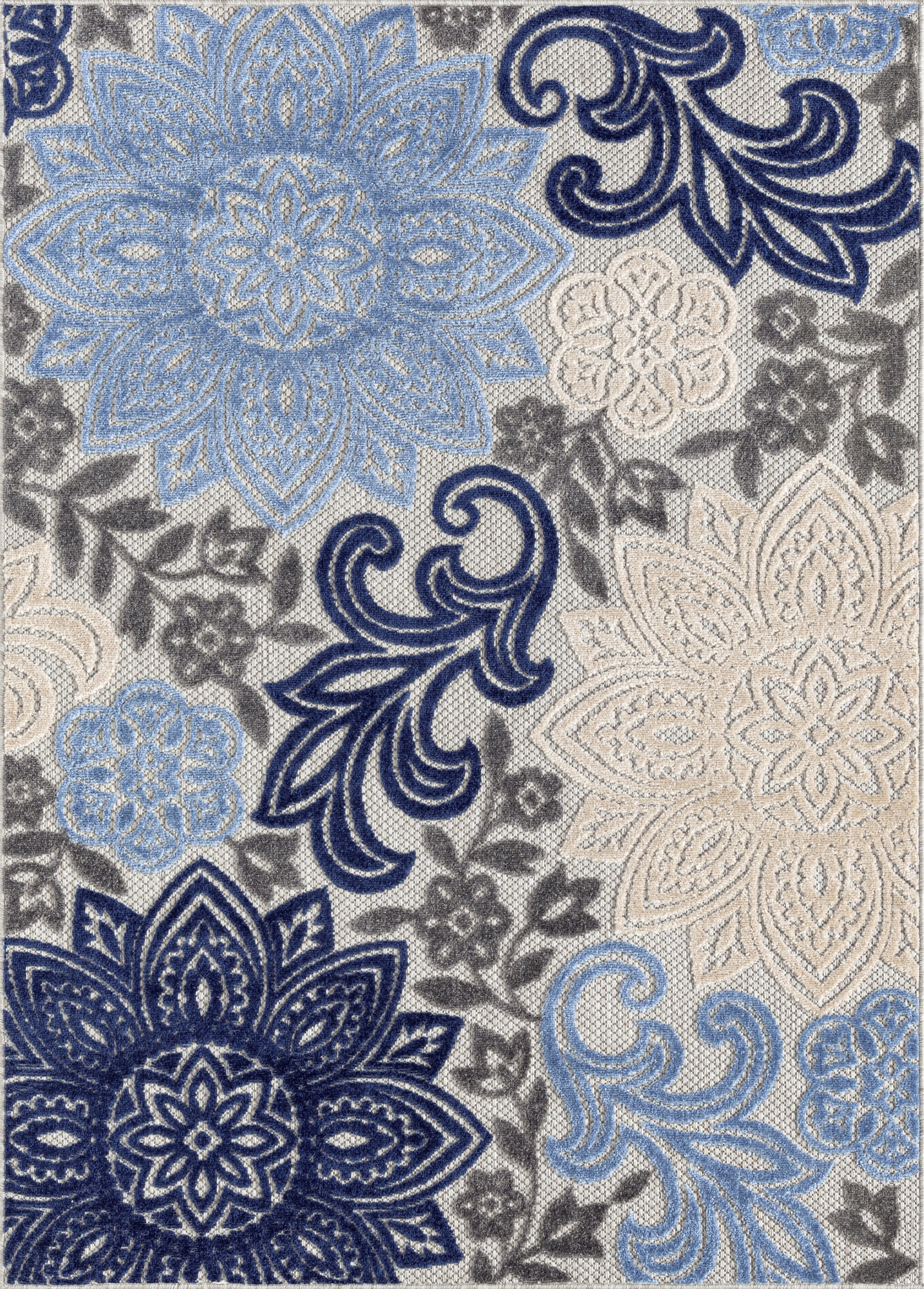 Oasis Modern Floral Blue and Beige Polypropylene Indoor Outdoor Area Rug, 9'x12' Rectangle