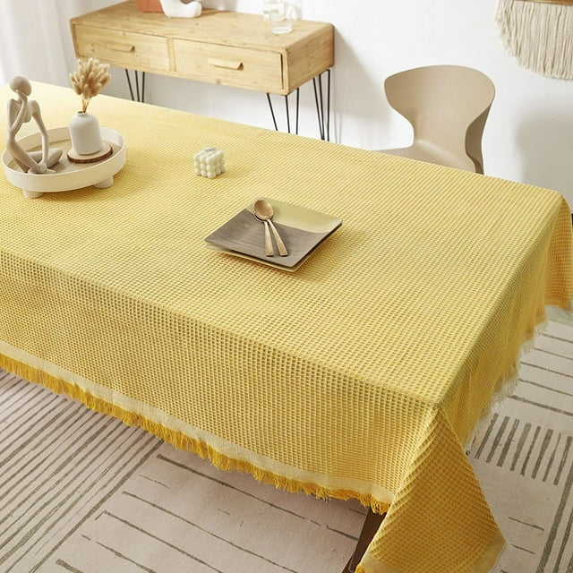 Zhuge Cotton Linen Japanese Waffle Solid Color Bedside Table, dustproof Cover, Coffee Table, Table mat, Floor Spread, Tablecloth 70*90inch(Yellow)