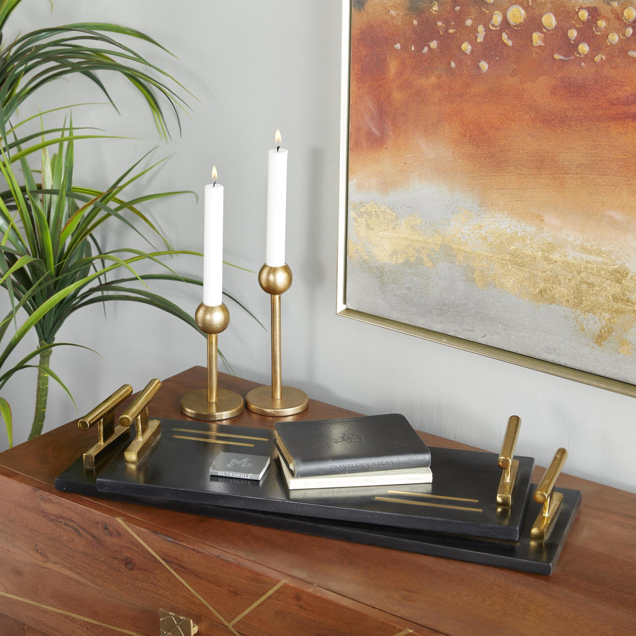DecMode 22", 18"W Black Marble Tray with Gold Handles, 2-Pieces