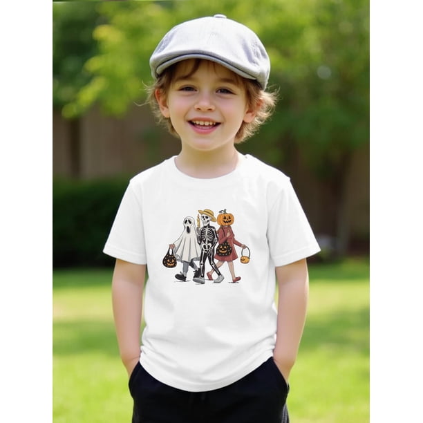 Halloween T-shirt - Boys' Halloween Graphic Cotton T-Shirt – Cute Skeleton & Pumpkin Print, Soft Pink Short-Sleeve Round Neck Casual Top for Youngsters, Perfect for Summer