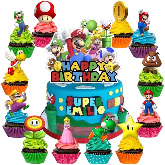 25 PCS Mario Birthday Party Supplies, Cake Decorations for Birthday Party Decorations Theme Birthday Party Supplies