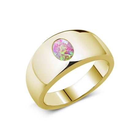 Pink Tourmaline Mens Ring - 1.05 Ct Cabochon Pink Simulated Opal 18K Yellow Gold Plated Silver Men's Ring