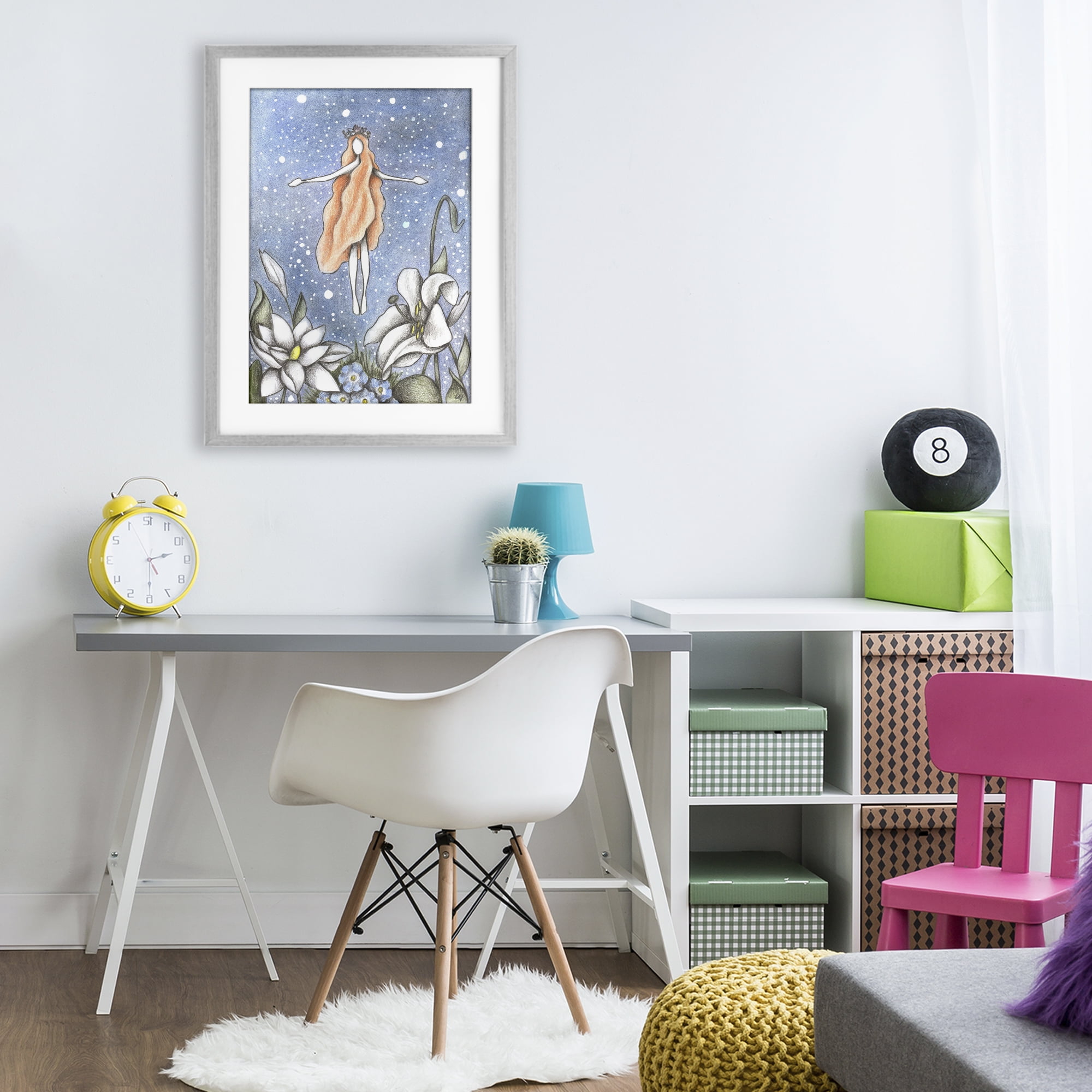 Mystical Garden Fairy Sparkle Gray Framed Print Under Glass, design by Cecilia Battaini