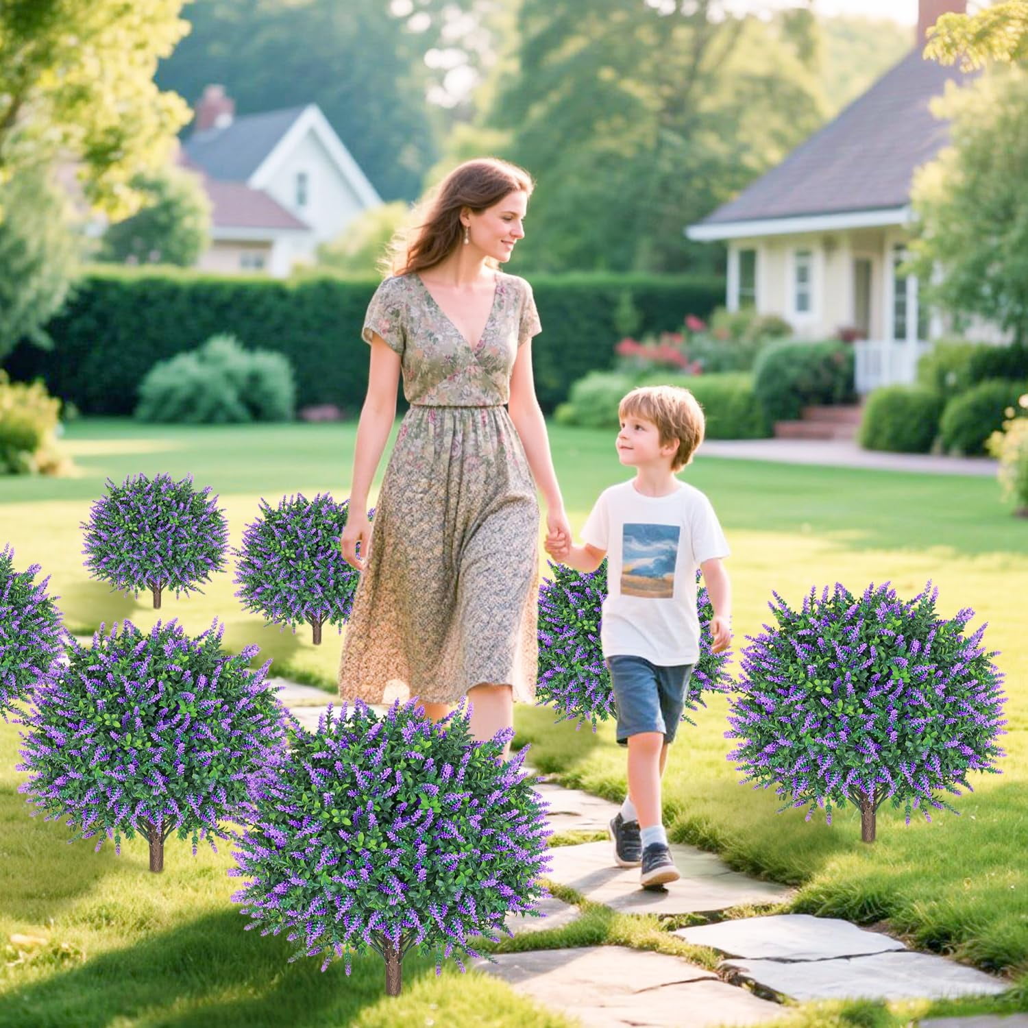Artificial Lavender Topiary Ball Trees with Ground Spikes 2 Pack 25.5 Inches  Artificial Shrubs Fake Evergreen Artificial Plant Brushes for Home Front Porch Garden Decorations