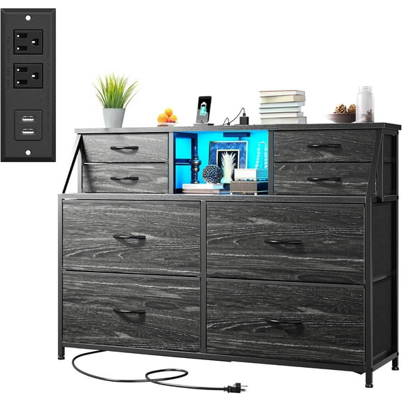 Dresser for Bedroom with Power Strip & LED, 8 Drawers Dresser with Extra 2 Open Shelves for Storage & Organization, Small Chest of Drawers for Closet, Hallway,Entryway, Black