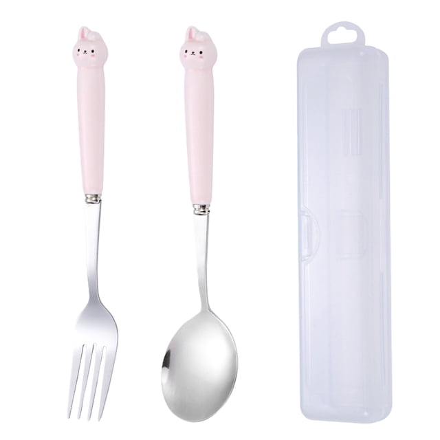 Juego de utensilios para niños de 2 piezas con estuche, juego de tenedor y cuchara para niños