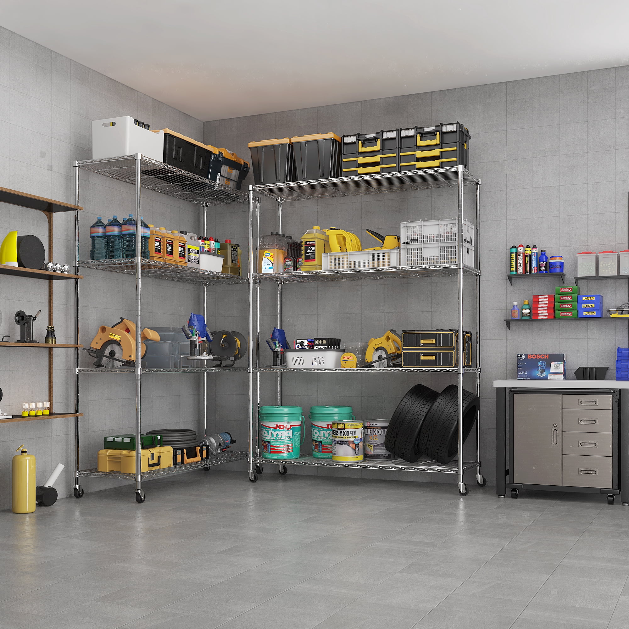 4-Tier Adjustable Steel Shelving Unit with Locking Rubber Wheels, Gray, 46.06 x 17.72 x 64.96 in
