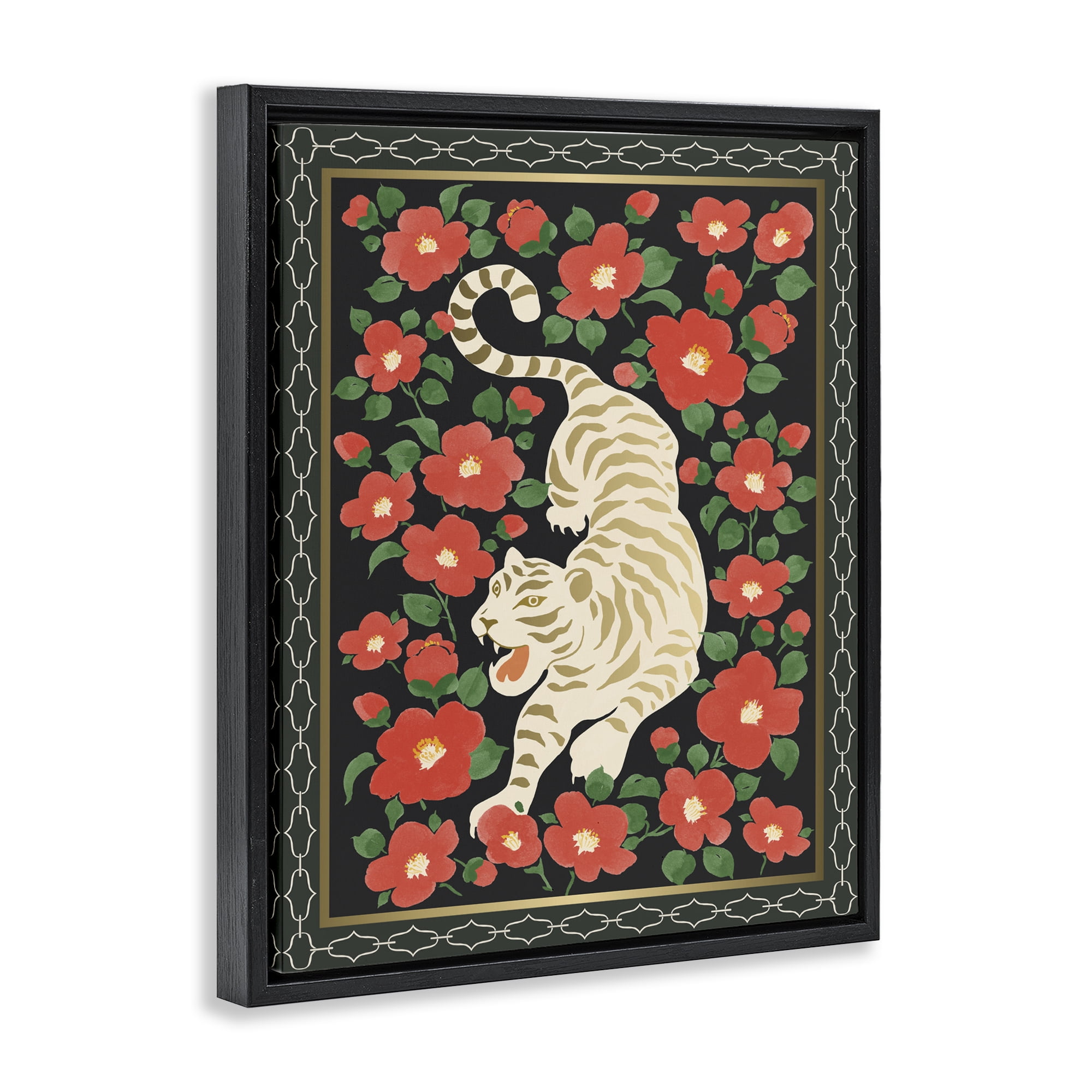 Stupell Industries Ivory Tiger Among Camelias Black Framed Floater Canvas Wall Art, design by Karolina Sato