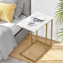 Large Size C Shaped Side Table End Table for Couch, Gold Side End Table with White Faux Marble Top