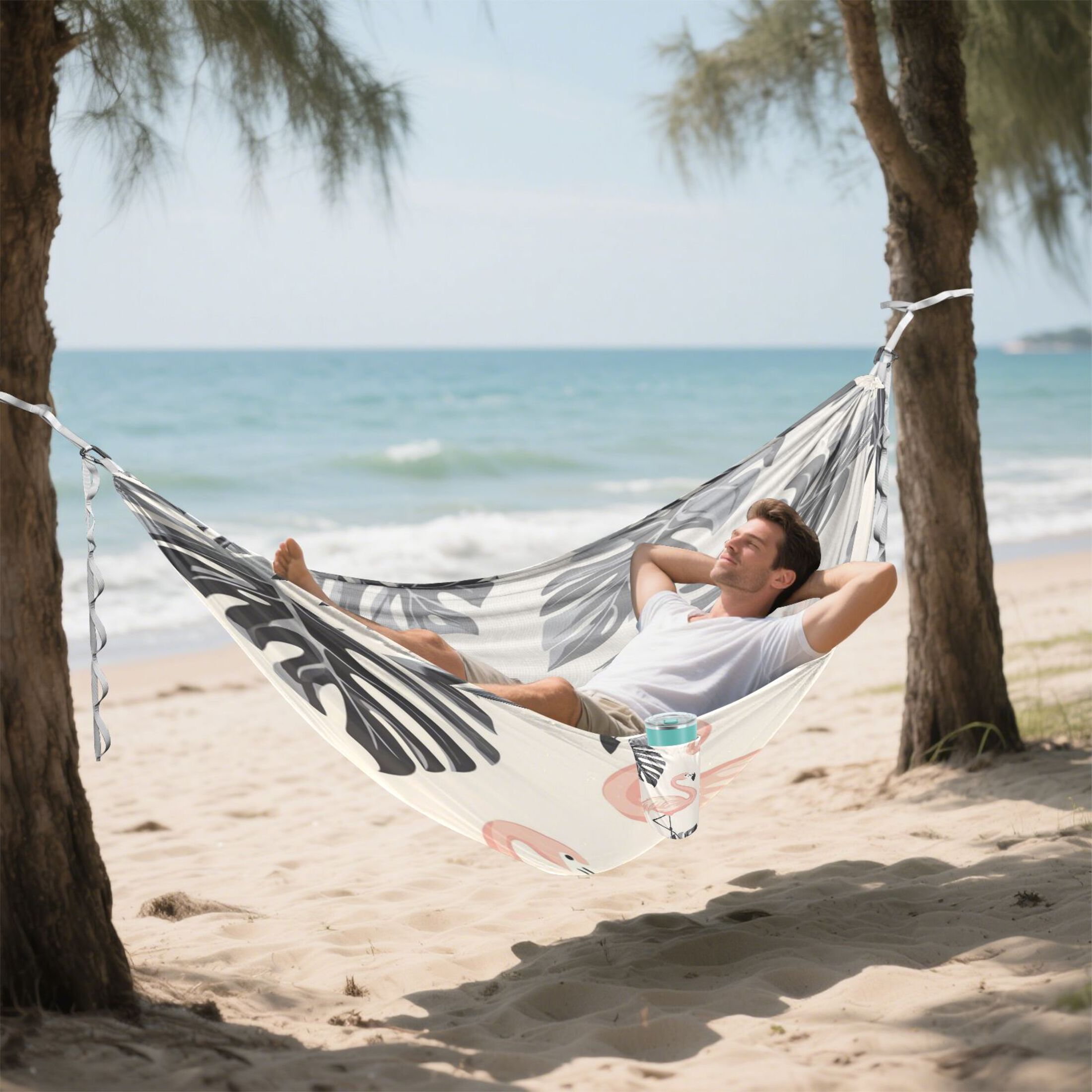 Wobogo Flamingo Monstera Leaves Pattern Camping Hammocks 330 lb Capacity with Tree Straps and Hanging Pockets for Outside Hiking Beach Backpack Travel