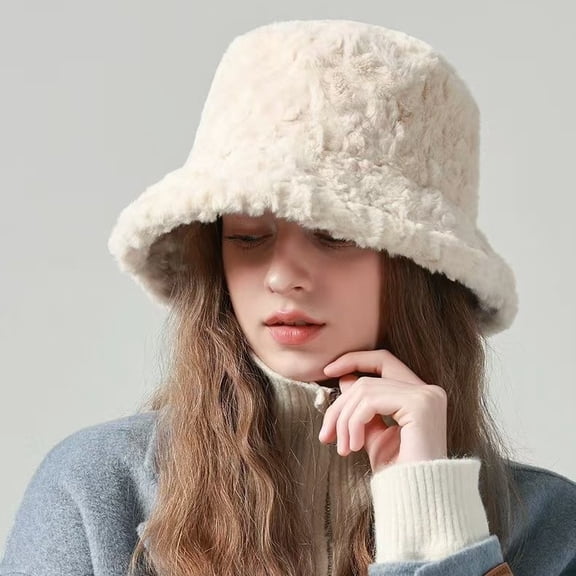 Winter Bucket Hat Fluffy Faux Fur Fisherman Cap for Women Men Solid Color Style